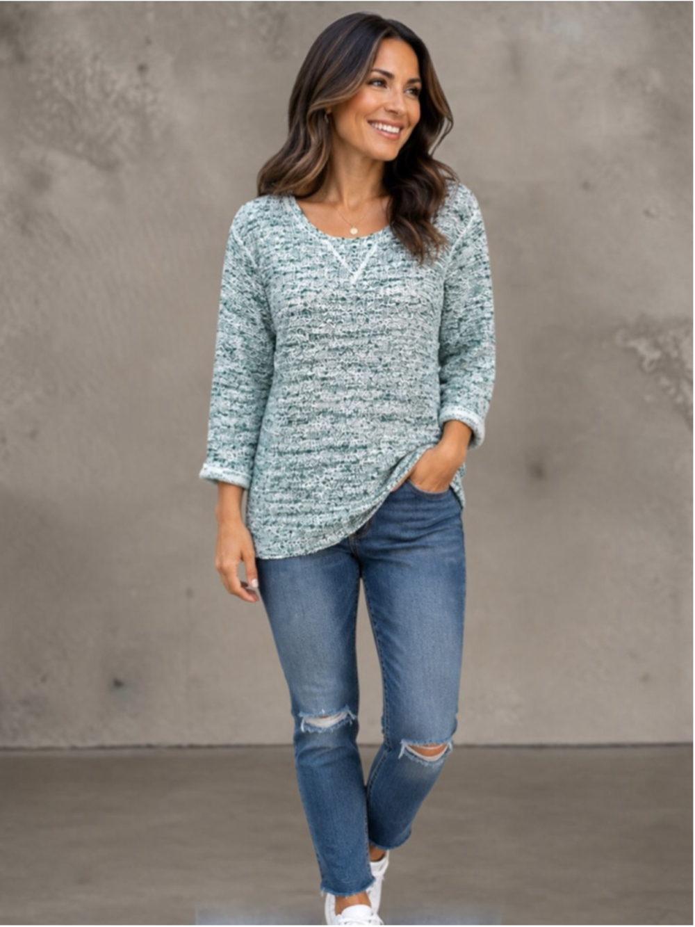 H&M Women’s Green Speckled Knit Pullover Hensley Top – Size L